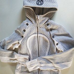 Lululemon Hoody Sweater Zip Up Scuba Detachable Sleeves Grey Off White Size 6